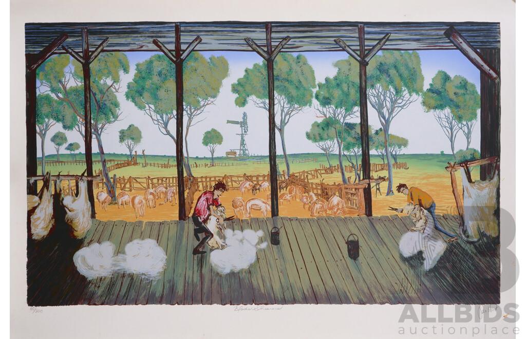 Pro Hart, (20th Century, Australian, 1928 - 2006), Blade Shearers, Colour Screenprint, Limited Ed. 40/300, 62 x 104 cm (image)