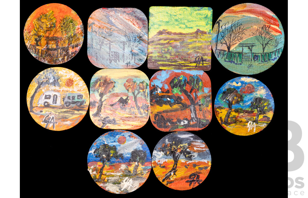 Gert Admiraal, (20th Century, Dutch-Australian), Visions of the Outback, Unique Set of Ten Original Miniature Works on Vintage Drinks Coasters, 10.5 x 10.5 cm (largest) (10)