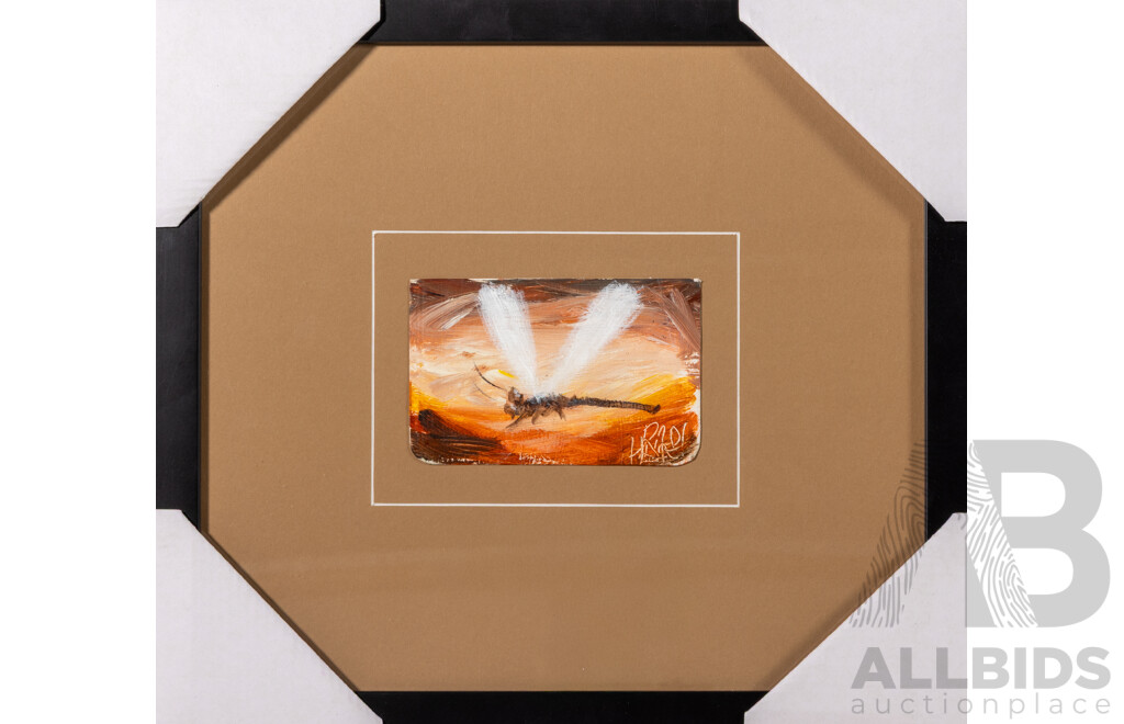 Pro Hart, (20th Century, Australian, 1928-2006), Dragon Fly, Original Oil on Bible Cover, Signed & Framed, 31 x 34 cm (frame)