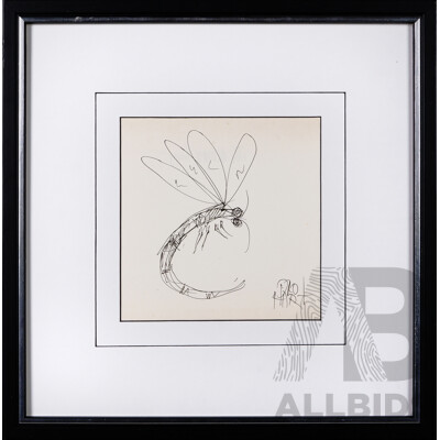 Pro Hart, (20th Century, Australian, 1928-2006), Dragonfly, Original Ink Drawing, 35 x 35 cm (frame)