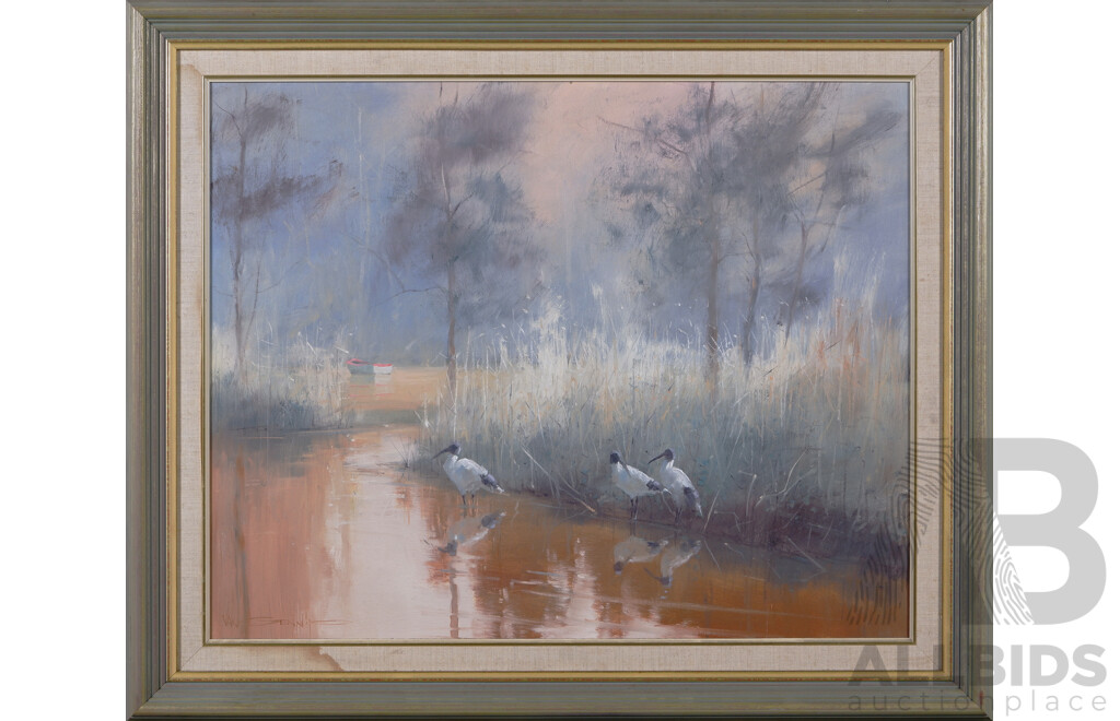 Ron Van Gennip, (20th Century, Australian, 1947-), Trio of Waterbirds, Oil on Canvas Board, 78 x 83 cm (frame)