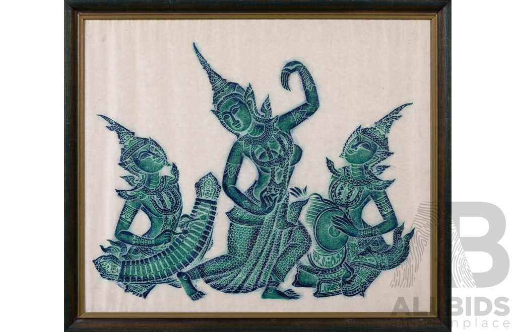 Angkor Wat Temple Trio of Dancers, Vintage Green Ink Brass Rubbing on Rice Paper, (^c1960s), 54 x 62 cm (frame)