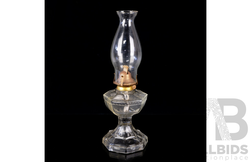 Antique Oil Lamp with Hexagonal Clear Glass Base & Font with Glass Flue