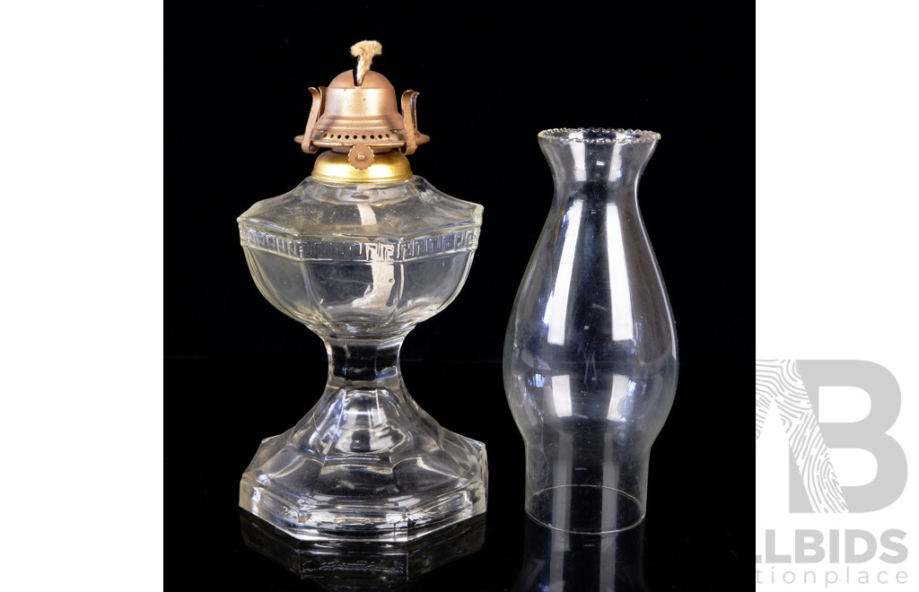 Antique Oil Lamp with Hexagonal Clear Glass Base & Font with Glass Flue