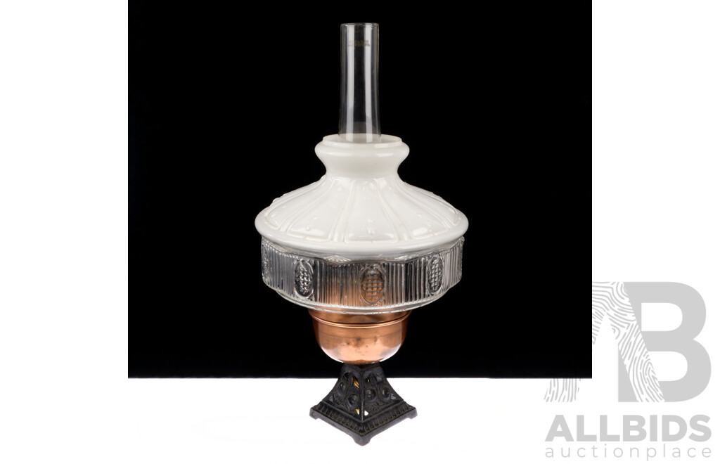 Vintage Oil Lamp with Copper Base, Glass Shade and Glass Flue, Converted to Electricity