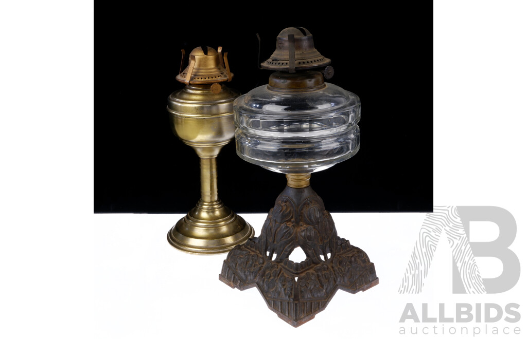 Two Vintage Oil Lamp Bases Comprising Brass Example & Cast Iron Based Example