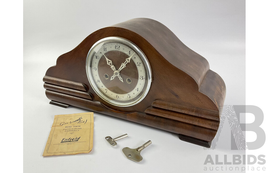 Vintage Enfield Art Deco Chiming Mantel Clock with Original Instructions, Made in England