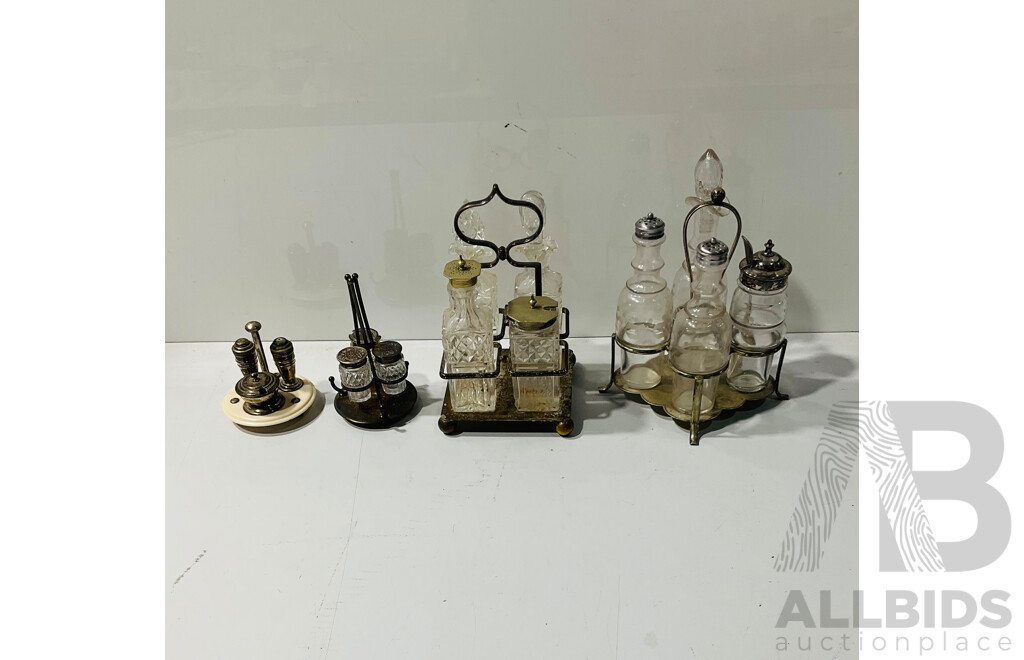 Collection Vintage Cruet Sets Including Silver PLate Examples