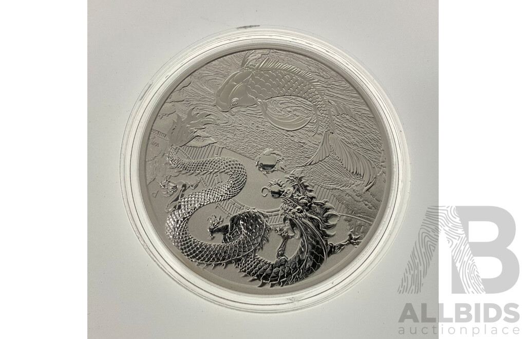 Australian Perth Mint 2023 QE2 One Dollar Silver Coin, Dragon Vs Koi .999