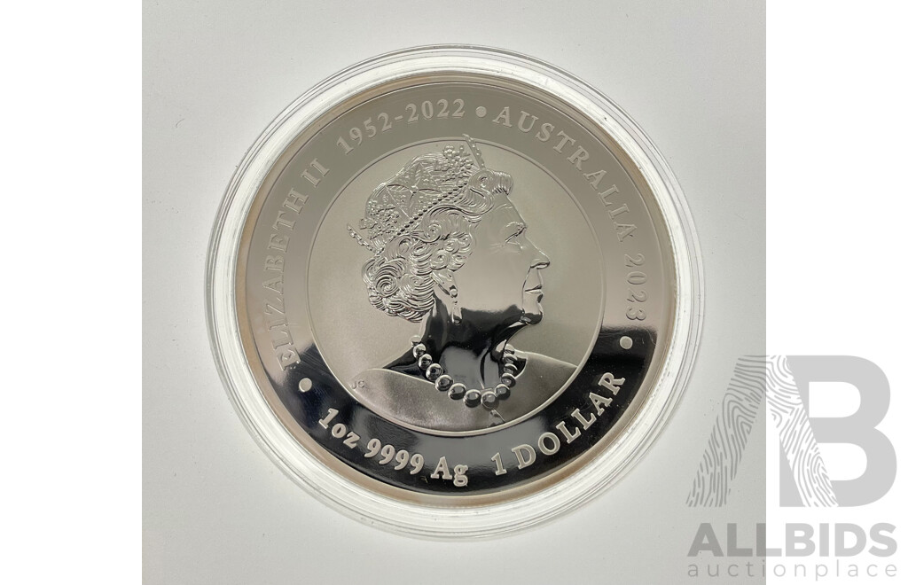 Australian Perth Mint 2023 QE2 One Dollar Silver Coin, Dragon Vs Koi .999