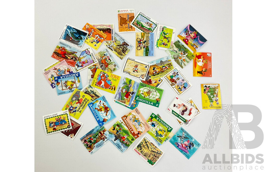 Assortment of International Disney Mint Stamps Including Guyana, India, Grenada, Sierra Leone and More