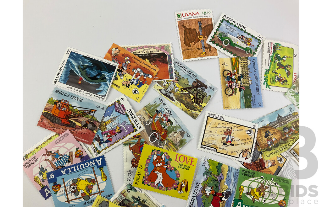 Assortment of International Disney Mint Stamps Including Guyana, India, Grenada, Sierra Leone and More