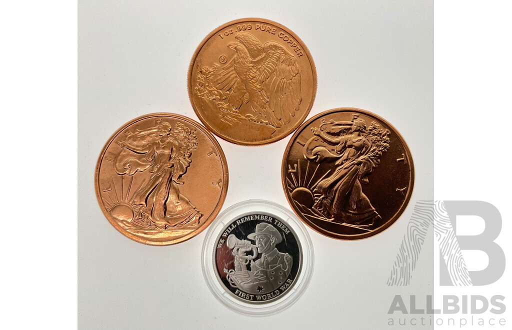 Australian Commemorative WW1 We Will Remember Them Coin with Three USA Copper (.999) Liberty Coins