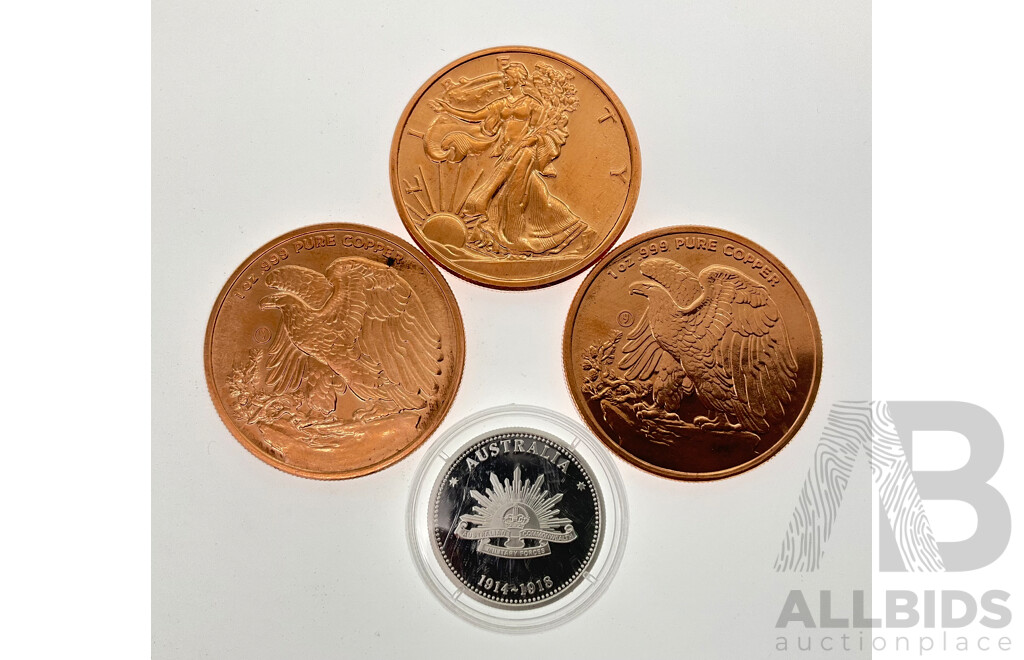 Australian Commemorative WW1 We Will Remember Them Coin with Three USA Copper (.999) Liberty Coins