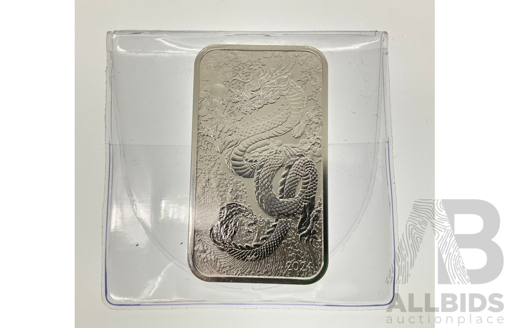 Australian Perth Mint 2024 KCIII Silver One Dollar Rectangle Bullion Coin, Year of the Dragon .999