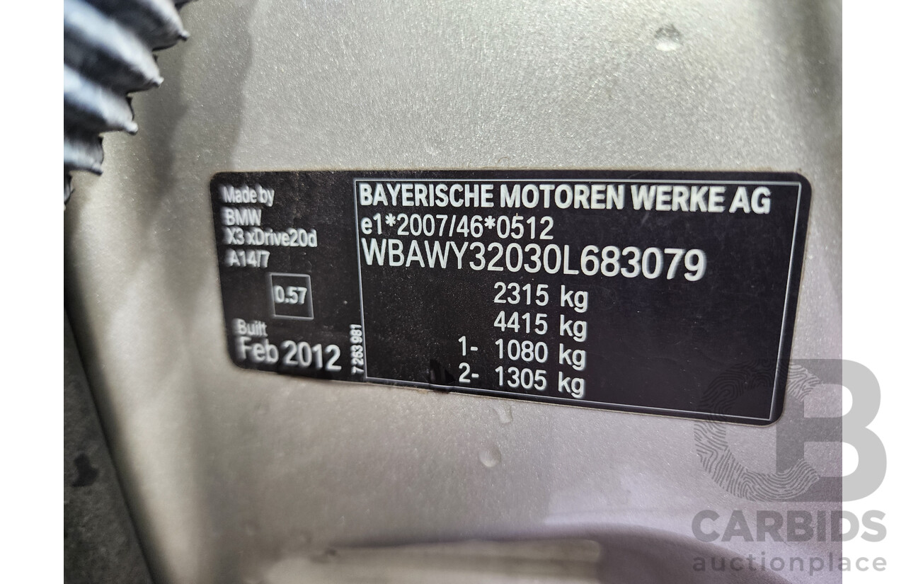 3/2012 Bmw X3 Xdrive 20d F25 4d Wagon Silver Or Chrome 2.0L