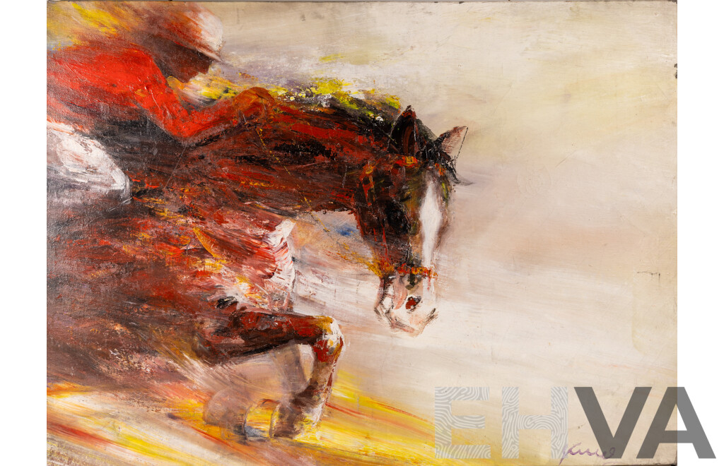Signed Indistinctly - Yuel?, Race Horse, Vintage Acrylic on Canvas, 85 X 114 Cm