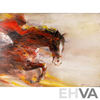 Signed Indistinctly - Yuel?, Race Horse, Vintage Acrylic on Canvas, 85 X 114 Cm