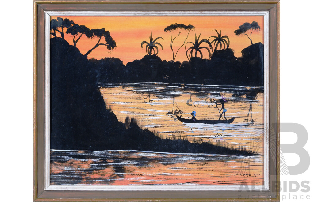 Jacques Zigoma, (20th Century, Congolese, 1936-1987), Heading Home Along the Congo, Vintage Mixed Media - Watercolour and Pastel, 37 x 45 cm (frame)