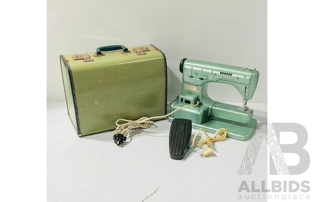 Vintage Viking Husqvarna Sewing Machine in Green Vinyl Carrying Case