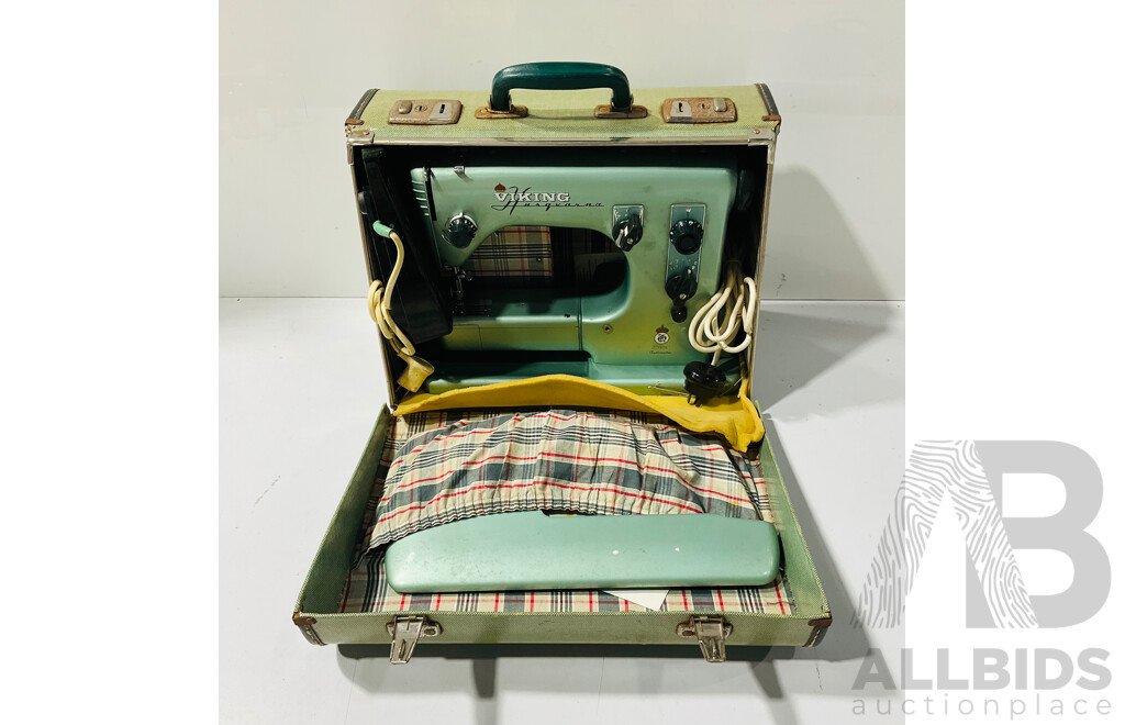 Vintage Viking Husqvarna Sewing Machine in Green Vinyl Carrying Case