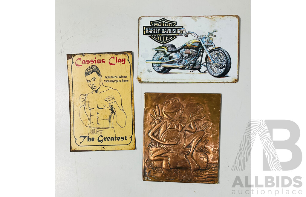 Collection of Three Metal Wall Decorations Including Harley-Davidson Add, Cassius Clay Poster and Copper Kermit Wall Art
