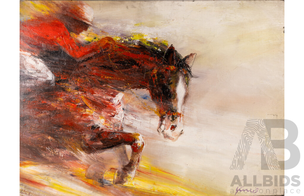 Signed Indistinctly - Yuel?, Race Horse, Vintage Acrylic on Canvas, 85 X 114 Cm