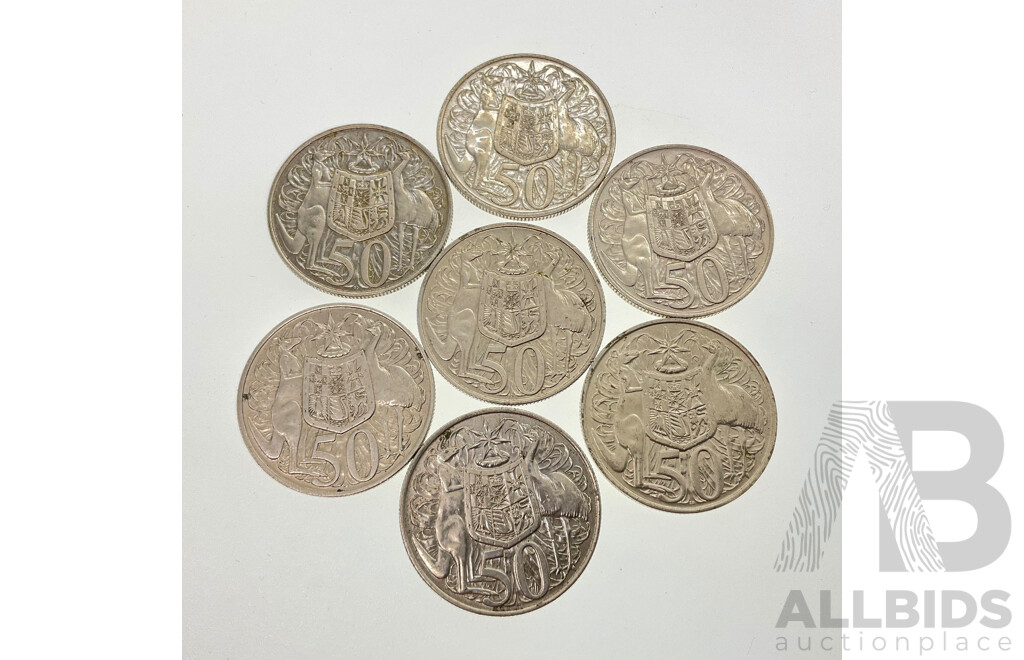 Seven Australian 1966 Round Silver Fifty Cent Coins .800