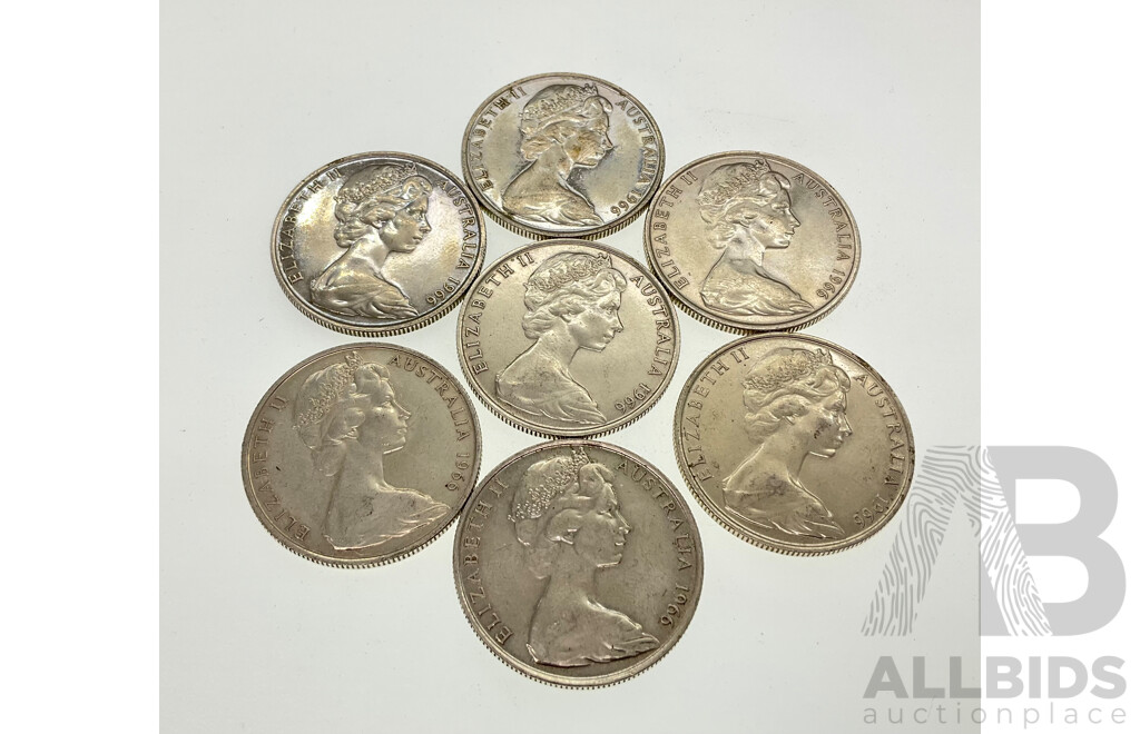Seven Australian 1966 Round Silver Fifty Cent Coins .800