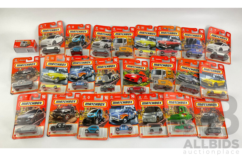 Twenty Four Boxed Matchbox Including 2020 Jeep Gladiator, Tesla Model X, MBX Mini Cargo Truck, Citroen AMI 1953 Buick Skylark and More