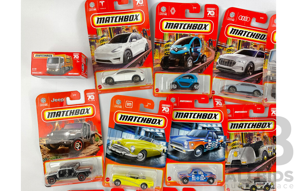 Twenty Four Boxed Matchbox Including 2020 Jeep Gladiator, Tesla Model X, MBX Mini Cargo Truck, Citroen AMI 1953 Buick Skylark and More