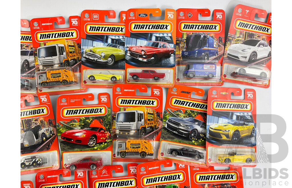Twenty Four Boxed Matchbox Including 2020 Jeep Gladiator, Tesla Model X, MBX Mini Cargo Truck, Citroen AMI 1953 Buick Skylark and More