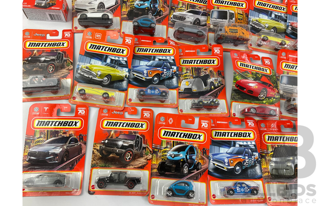 Twenty Four Boxed Matchbox Including 2020 Jeep Gladiator, Tesla Model X, MBX Mini Cargo Truck, Citroen AMI 1953 Buick Skylark and More