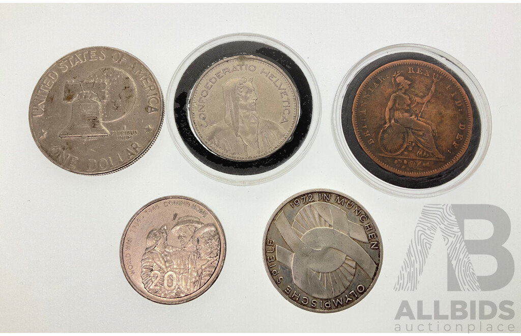 Germany 1972 Silver Ten Deutschmark Coin, UK 1826 Penny, USA 1976 Eisenhower Dollar, Switzerland 1982 Five Francs, Australian 2005 Twenty Cent, Coming Home