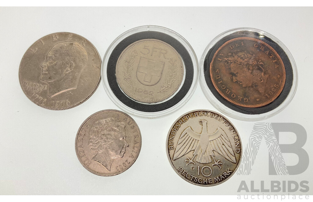 Germany 1972 Silver Ten Deutschmark Coin, UK 1826 Penny, USA 1976 Eisenhower Dollar, Switzerland 1982 Five Francs, Australian 2005 Twenty Cent, Coming Home