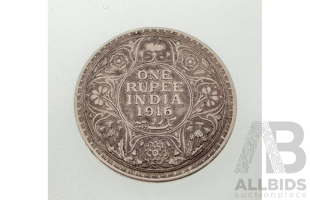 India 1916 KGV Silver One Rupee Coin, Mumbai Mint .917
