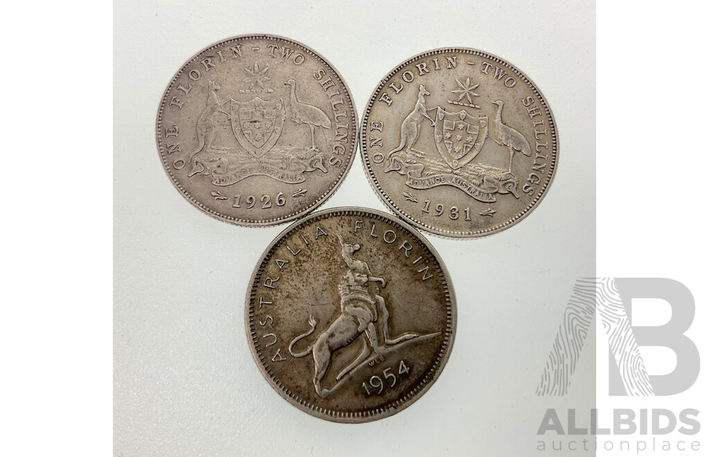 Australian Silver Florins Including KGV 1926, 1931 QE2 1954 Commemorative