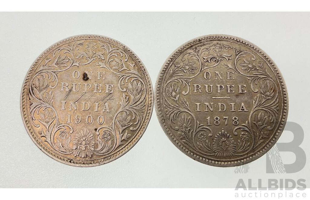 India 1878 and 1900 QV Silver One Rupee Coins .917