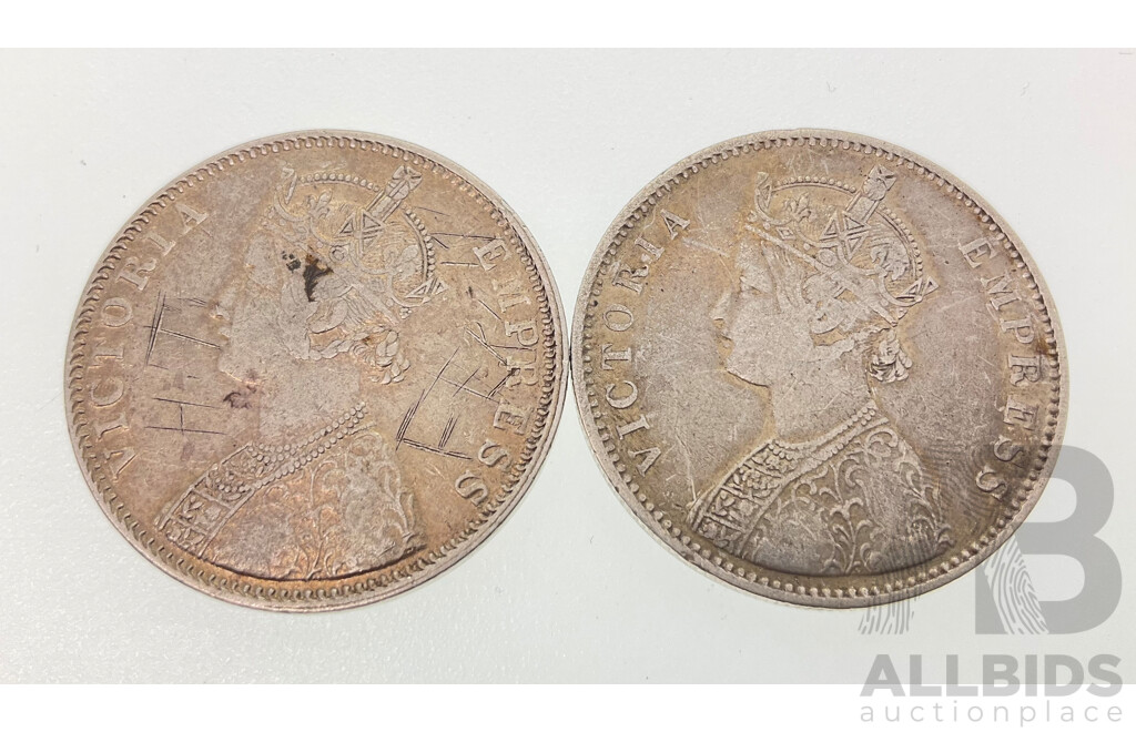 India 1878 and 1900 QV Silver One Rupee Coins .917