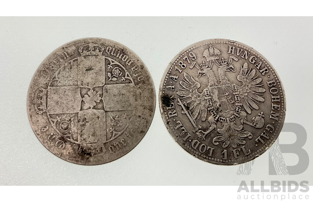 Austrian 1879 Silver One Florin .900 and Great Britain QV Gothic Florin .925