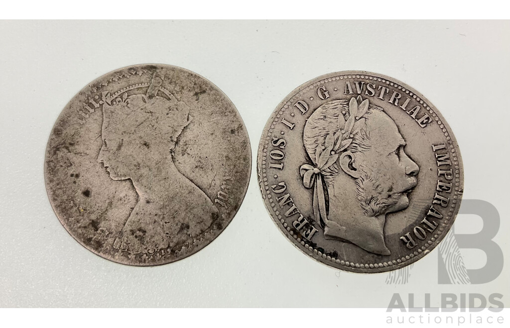 Austrian 1879 Silver One Florin .900 and Great Britain QV Gothic Florin .925