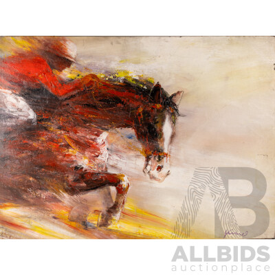 Signed Indistinctly - Yuel?, Race Horse, Vintage Acrylic on Canvas, 85 X 114 Cm