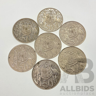 Seven Australian 1966 Round Silver Fifty Cent Coins .800