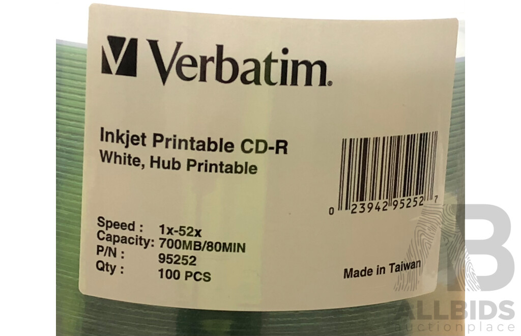 Verbatim 700MB 52X White Inkjet Printable CD-R Discs - Lot of 900 - Brand New