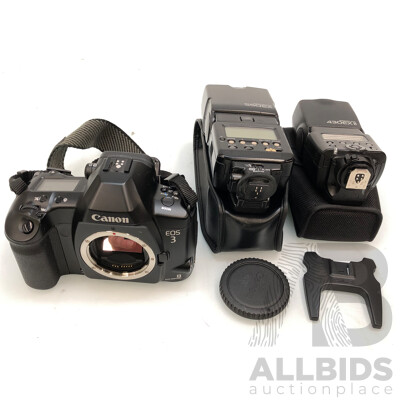 Canon EOS 3 35mm Camera Body and Canon Speedlite 550EX and 430EXII Flash