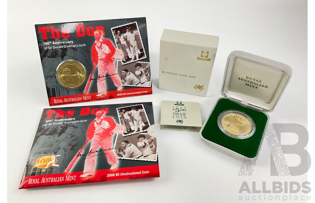 Australian RAM 1988 Five Dollar Proof Coin, New Parliament House with 2008 Five Dollar Coin, Donald Bradman Birth