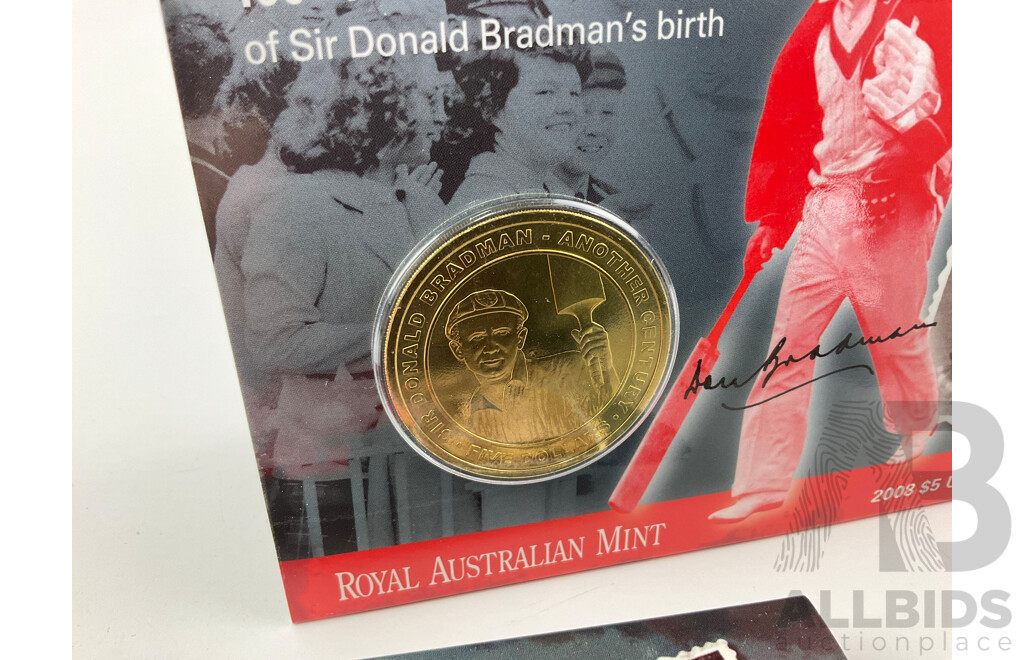 Australian RAM 1988 Five Dollar Proof Coin, New Parliament House with 2008 Five Dollar Coin, Donald Bradman Birth