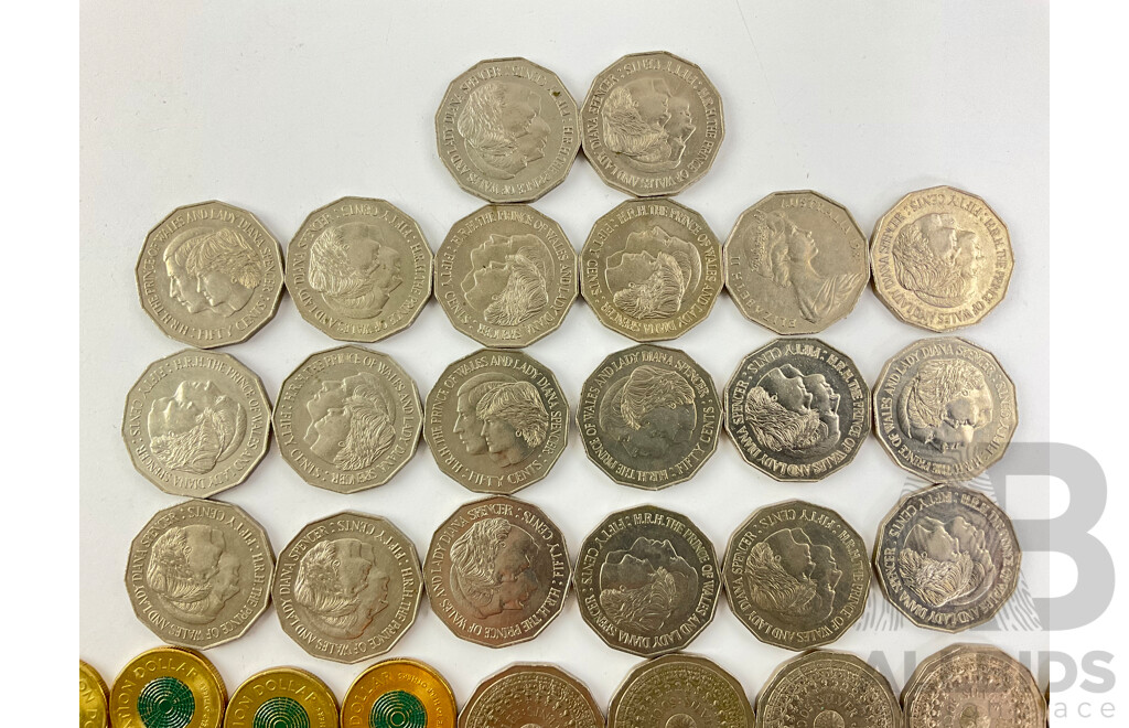 Australian 2020 One Dollar Coins, Donation Dollars(20) 1977 Fifty Cent Coins, Silver Jubilee(20) 1981 Fifty Cent Coins, Charles and Diana(20)