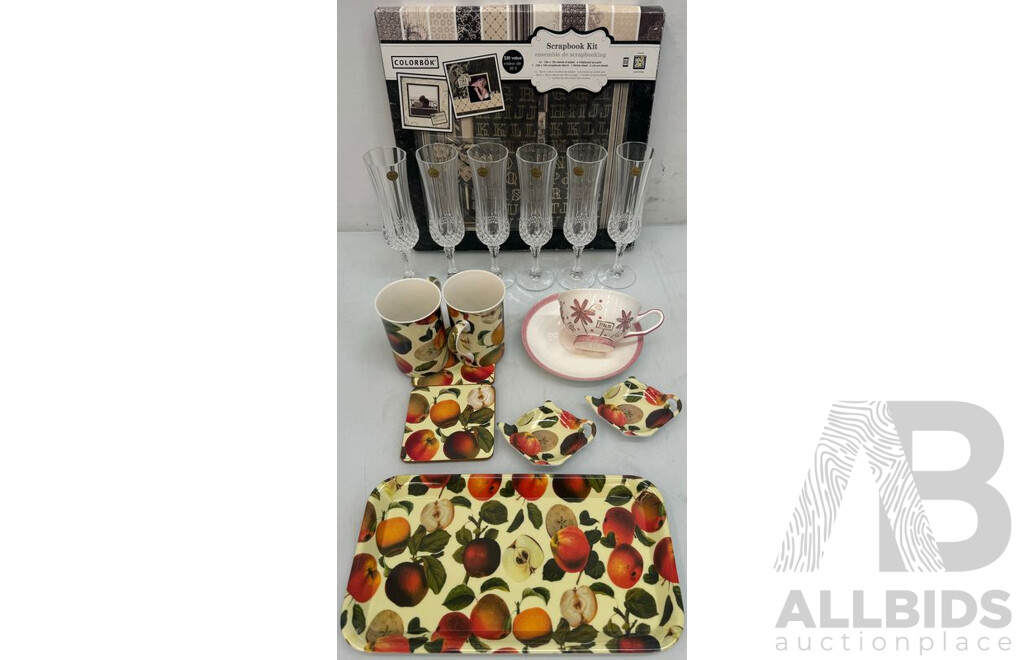 9pc Afternoon Tea Set, Scrapbook Set and 6pc Crystal Wine Glasses