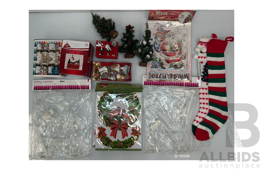 Assorted Lot of Christmas Decorations - Lights, Toy Soilders, Stockings, Model House